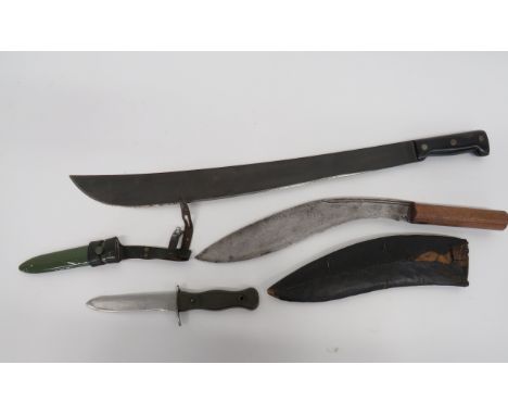 Three Various Knivesconsisting Indian kukri.  13 1/2 inch, single edged blade of typical form with two narrow rear fullers.  