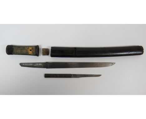 Japanese Tanto Small Sword11 inch, single edged blade.  Gilt copper habaki.  Tang with signatures to both sides. Matching ste