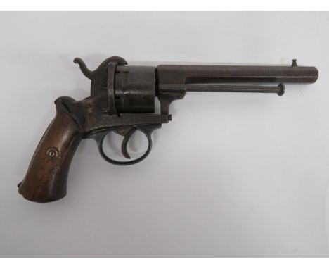 Late 19th Century Continental Military Pinfire Revolver10 mm, 5 3/4 inch, octagonal barrel with bead foresight and side mount