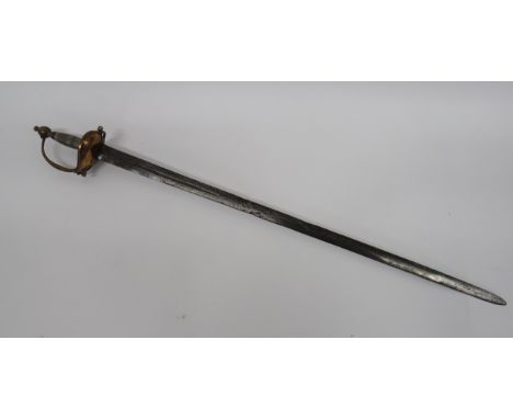 1796 Heavy Cavalry Officer’s Sword34 1/2 inch, double edged blade with short narrow fuller.  Brass, double boat guard engrave