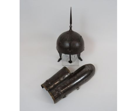 Early 19th Century Indian Kulla Khud Helmetsteel dome crown with etched figures and script panels.  Top mounted spike.  Two f