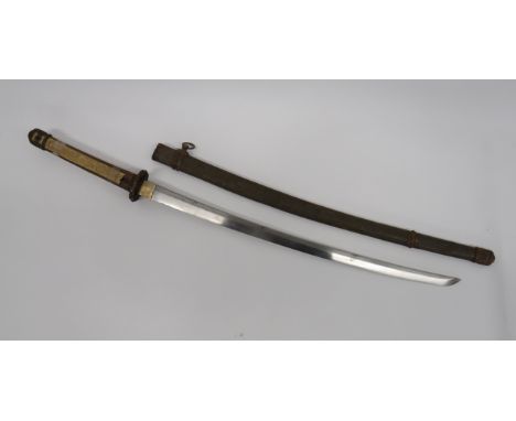 Japanese Officer’s Katana Sword27 1/4 inch, single edged blade with faint hammon.  Silvered brass habaki.  Darkened brass, fl