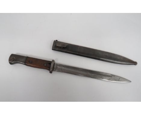 WW2 K98 Mauser Bayonet9 3/4 inch, single edged blade with fuller.  The forte marked “43aSW”.  Steel crossguard and pommel.  P