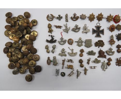 Selection of Various Collar Badges and Buttonsincluding brass VR ... Brass T ... White metal Wales ... White metal strung bug