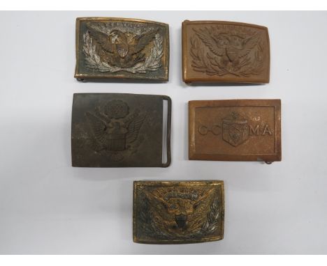 Five Various American Belt Bucklesconsisting gilt, rectangular buckle with overlaid silvered wreath and starburst.  Central g