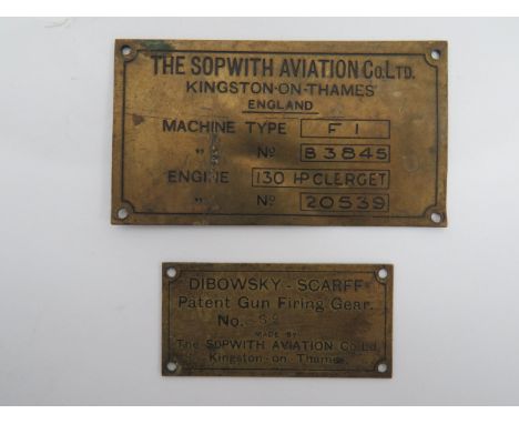 Pair of WW1 Sopwith Aircraft Engine Plaquesconsisting brass, 3 3/4 x 2 inch plaque, Sopwith Aviation Co Ltd. “F1” (Camel) Ser