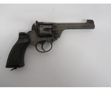Deactivated Enfield Tank Pattern Revolver.38, 5 inch, fluted barrel.  The top flat with Ordnance stamps.  Fluted, six shot cy