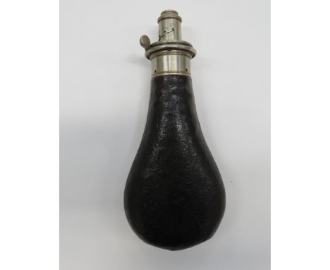 19th Century “Hawksley” Leather Covered Powder Flaskblack leather covered, steel bag shape flask. White metal top with expose