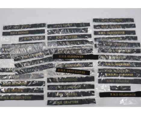 Good Selection of Royal Navy Cap Talliesincluding HMS Goldfinch ... HMS Gamcock ... HMS Gurkha ... HMS Grafton ... HMS Grenvi