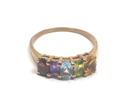 9ct gold gemstone five stone ring inc. citrine, peridot, topaz, amethyst, garnet (2.5g)