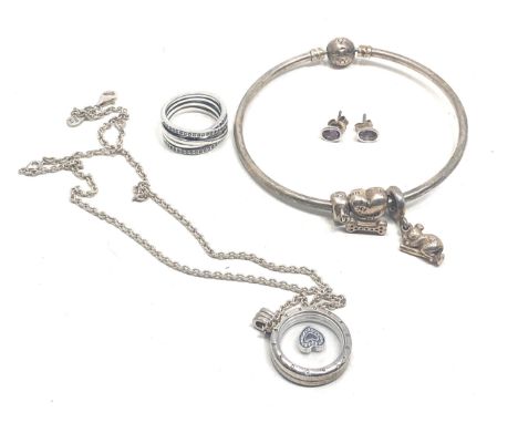 4 silver pandora jewellery items includes ring bracelet &amp; necklace etc