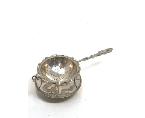 Antique Chinese silver tea strainer &amp; stand dragon motif chinese silver hallmarks 