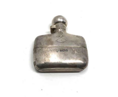 Small antique silver hip flask Sheffield silver hallmarks engraved 121 pioneers weight 65g