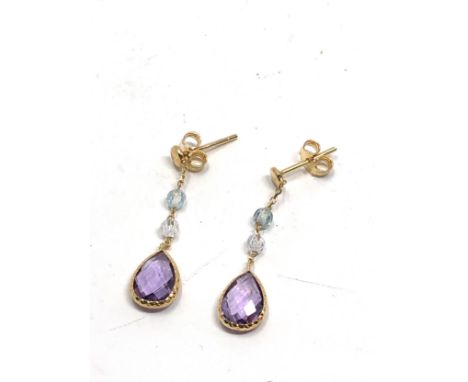 9ct gold amethyst, topaz &amp; crystal drop earrings (1.9g)