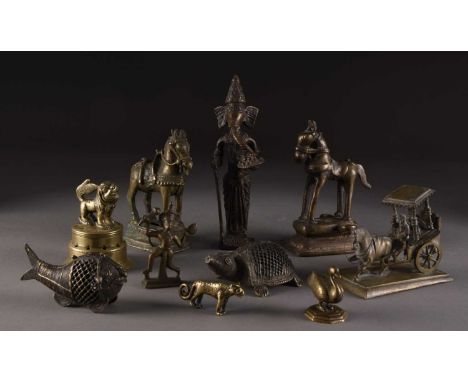 An assembled group of Indian bronze figures of animals, 19th/20th centuryIncluding two Shiva horses, a Dhokra fish and armadi
