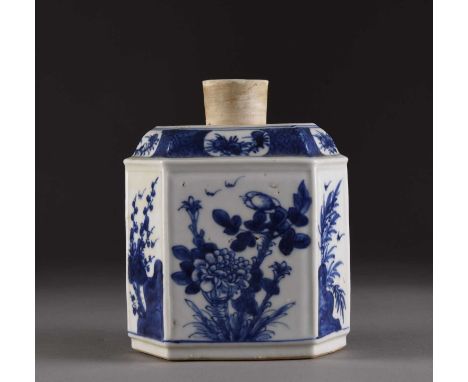 A Chinese blue and white tea canisterKangxi four-character mark but 19th centuryOf hexagonal form, each side decorated with a