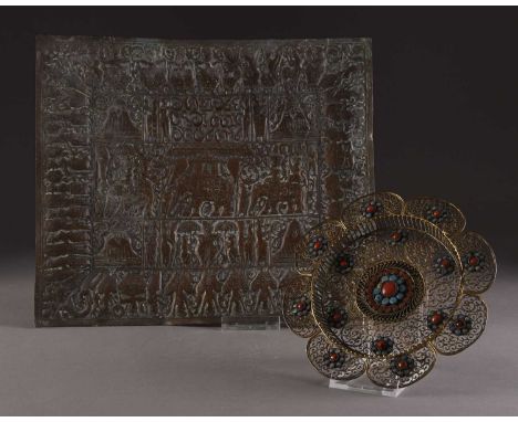 An Anglo-Indian copper tray and an enamelled dish, early 20th centuryThe tray of rectangular form and embossed with repousse 