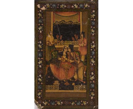 Two Persian illustrated manuscript covers, 19th centuryThe first depicting a courting couple in an interior with servants att