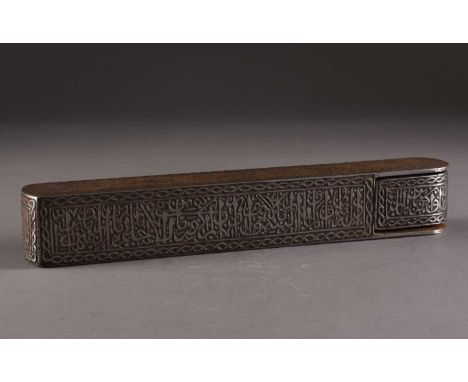 A Persian steel pen box or Qalamdan, Qajar Dynasty, 19th centuryOf rectangular form with rounded ends, the top and sides deco
