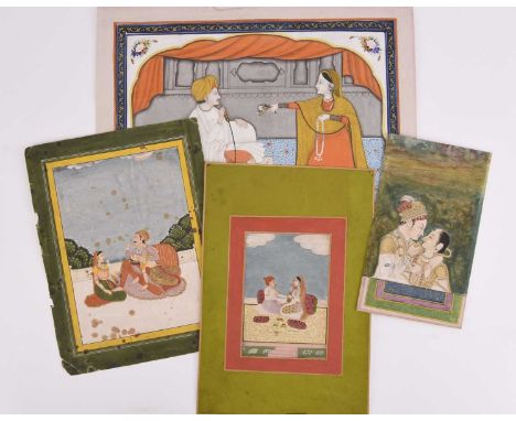 Four Indian miniature paintings, Deccan, 19th century and laterInk and gouache on paper, each depicting courting couples.Larg