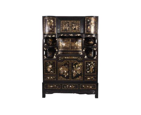 An exceptional Japanese Shibayama inlaid rosewood cabinet, Meiji era The upper section with bow doors inlaid with flowering p