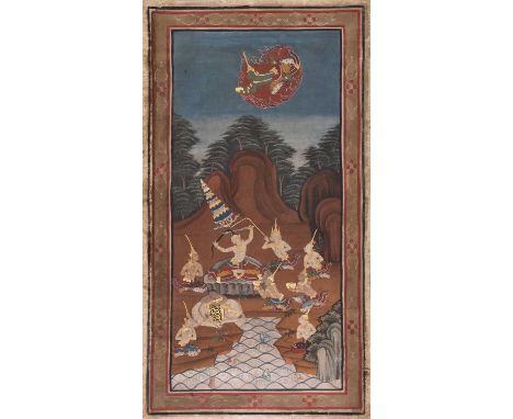 Thai school, 19th/20th century, three paintings on textile of mythological scenes.  Unframed.78cm x 42cm (3)Provenance:From t