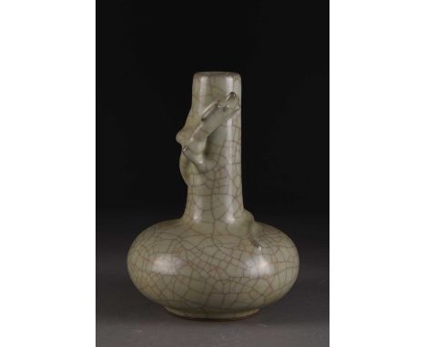 A Chinese guan type bottle vaseProbably 20th centuryOf compressed globular form with cylindrical neck, applied with a sinuous
