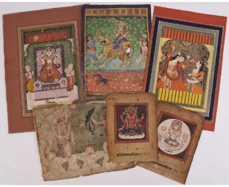 A group of Pahari school paintings, 19th centuryInk and colour on paper, depicting various deities and their attributes.Large