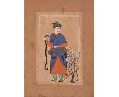 Persian school, a pair of paintings of noble figures in landscapes, 19th centuryInk and gouache on paper, laid on board.18cm 