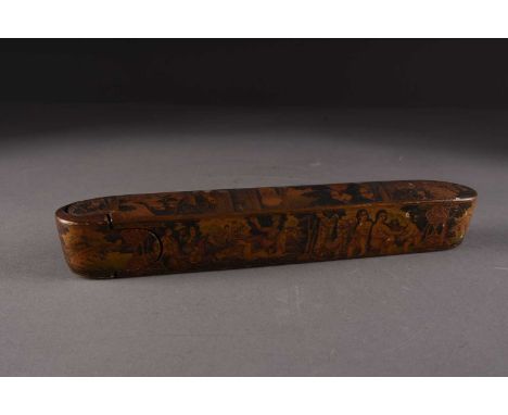 A papier-mâché lacquered pen case (Qalamdan)Qajar, Iran, 19th centuryWith rounded ends and sliding tray, the top decorated wi