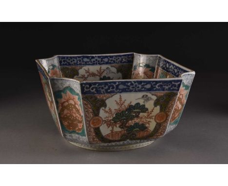 A Japanese Imari Bowl, Meiji eraOf canted square form and decorated inside and out with panels of auspicious flowering plants