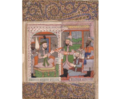 Two Persian illustrated leaves from dispersed manuscripts, 18th/19th centuryInk and gouache on paper, the first with a scene 