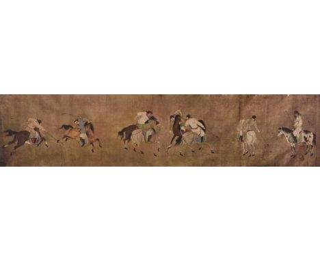 Two framed prints after the antiqueThe first of a Song Dynasty scene depicting an equestrian sport, 17cm x 72cm (frame 32.5 x