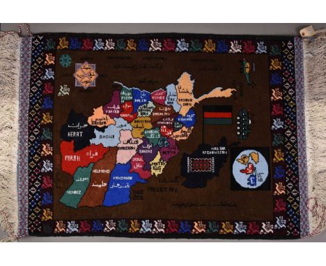 An Afghan conflict map rug, 20th centuryWith the provinces of Afghanistan, a helicopter and an armoured vehicle, within styli