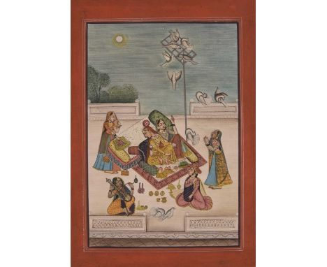 Four Indian miniature paintings, Mughal, 19th centuryInk and gouache on paper, each depicting ladies at leisure in palaces.La