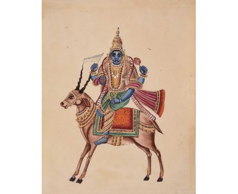 Two Indian miniature paintings of deities, Mughal, 19th/20th centuryInk and gouache on paper, Vishnu riding a horned beast, 2