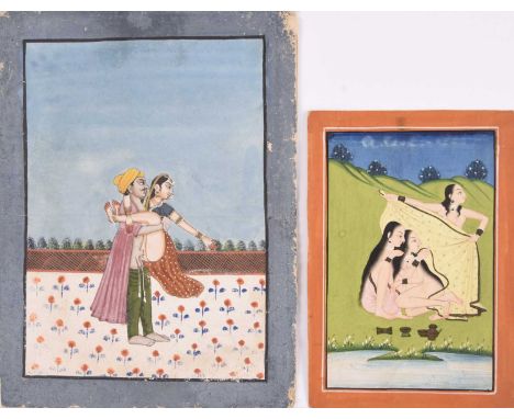 Two Indian miniature erotic paintings, Deccan, 19th centuryInk and gouache on paper: A bathing maiden and her attendants, 15c