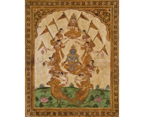 Indian school, possibly Deccan, painting of Krishna and Radha accompanied by dancersInk, gouache and gilt on textile.  Unfram