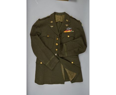 A WWII ERA DRESS UNIFORM JACKET, for the US Army, possibly Major, complete with all buttons, medal ribbon bar and shoulder ta