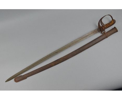 A 19TH CENTURY ERA MILITARY SWORD, complete with metal scabbard, the sword is believed to be Spanish as a faint makers mark o