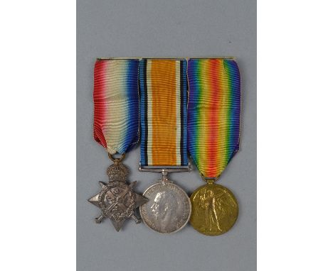 A WWI 1914 STAR TRIO OF MEDALS, on wearing bar, correctly named to T1-575 DVR (driver) E.W. Nicholls, ASC (Army Service Corps