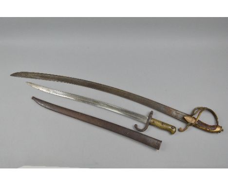 A FRENCH CHASSEPOT STYLE RIFLE BAYONET AND SCABBARD, the top of the blade has the usual markings, St Etienee fevrier 1874, pr