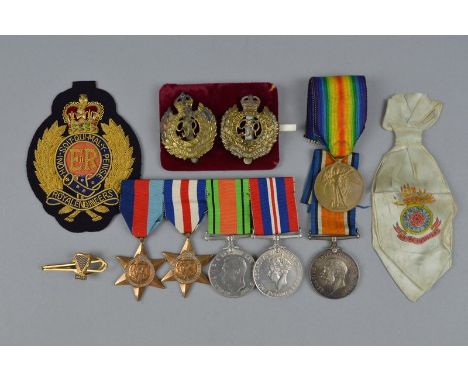 A PLASTIC BOX CONTAINING A WWI BRITISH WAR AND VICTORY MEDAL, correctly named to S3-031256 Pte J. Hunter, Army Service Corps,