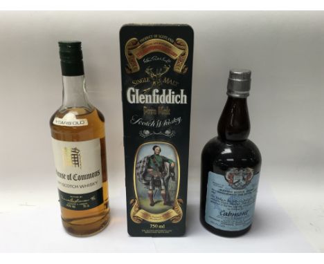 A Slaintheva silver Jubilee Bottle of blended whisky, A boxed Glenfiddich 750ml, a 12 year old House of Commons scotch Whisky