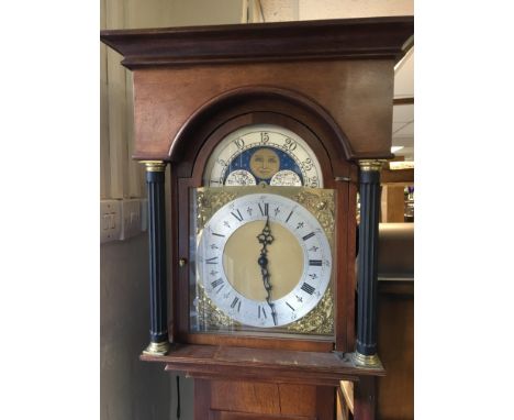 A modern Mahogany long-case clock with visible weights the dial with moon phase - NO RESERVE