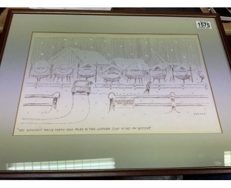 A framed comical ink sketch, signed Payton for Mike Payton, 53 x 38cm.