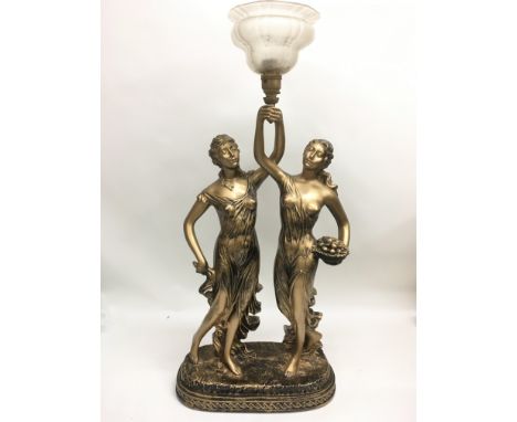 A Classical figural lamp depicting two maidens holding aloft the glass shade, approx height 71cm.