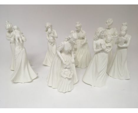 A collection of Royal Worcester Our Cherished Moments limited edition white glazed figures sculptured by Maureen Halson. (8) 