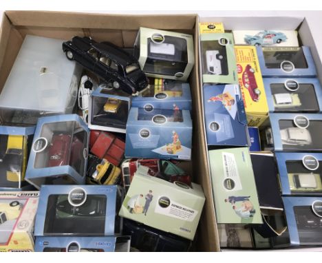 2 boxes of model cars, vans etc by matchbox, dinky, Oxford, Corgi, spot-on. 36 boxed 24 play worn