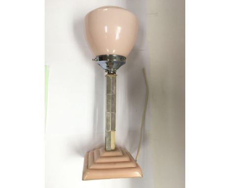 An Art Deco table lamp with a pink glass shade together with a Deco ceiling lamp shade (2).